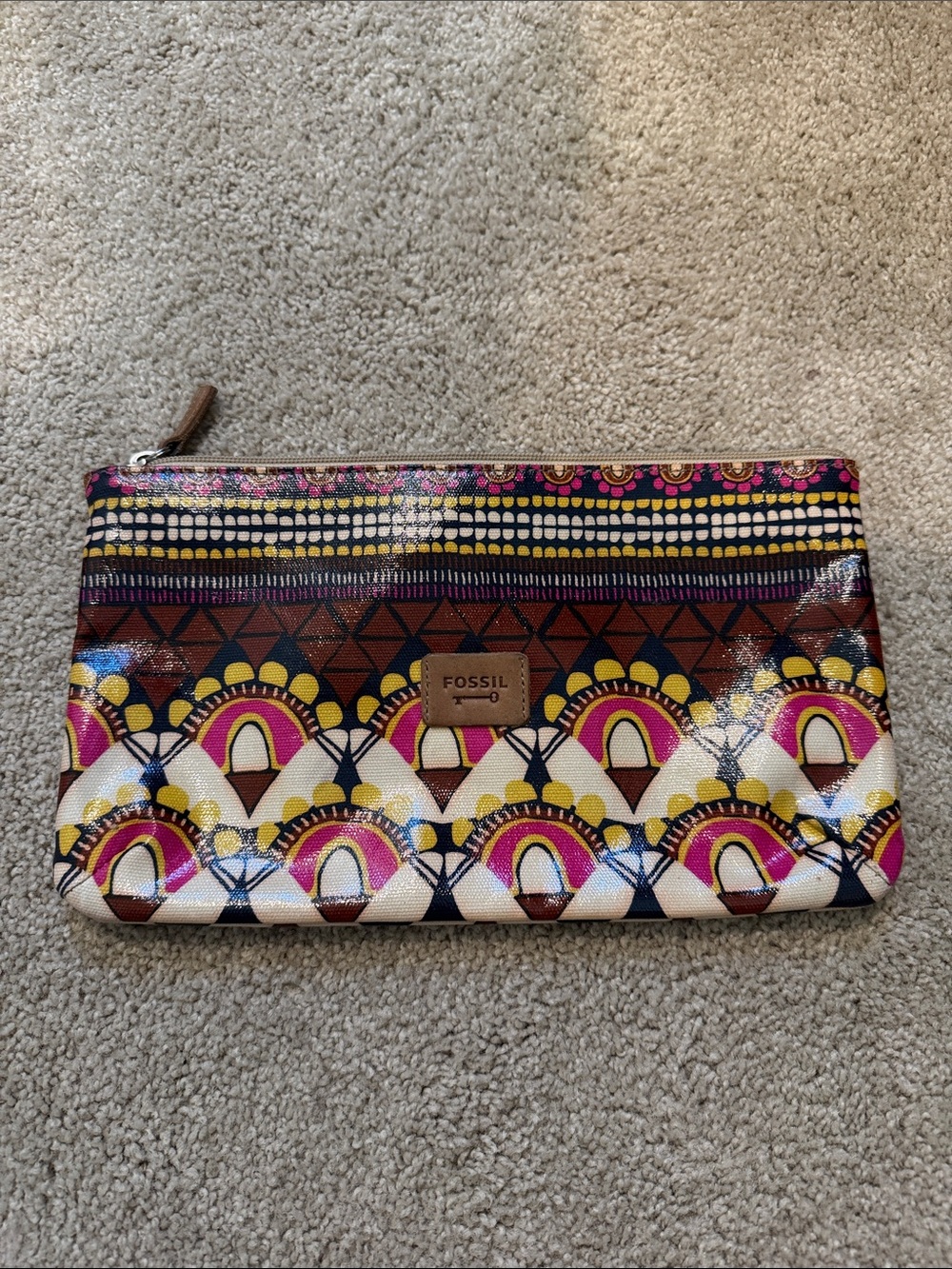 Fossil Pink, Yellow and Navy Patterned Zip Pouch